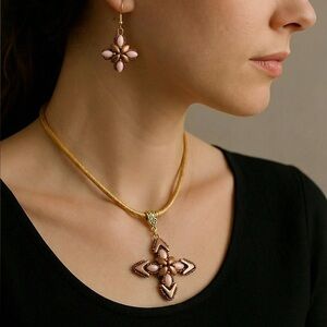 Elegant Gold and Pink Pendant Necklace and Earring Set